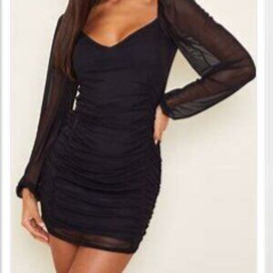 Black Sexy Long Sheer Poet Sleeve Ruched Mini Dress  S / M by Blush BJ